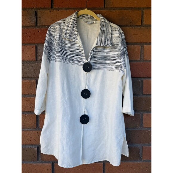 Caroline Rose Cream/Black Size Medium Striped Button Front Party Jacket‎ Linen - Picture 1 of 15